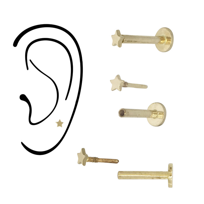 WORK IT OUT 14K GOLD YELLOW 2MM STAR INTERNALLY THREADED FLAT BACK DISC LABRET STUD PIERCING