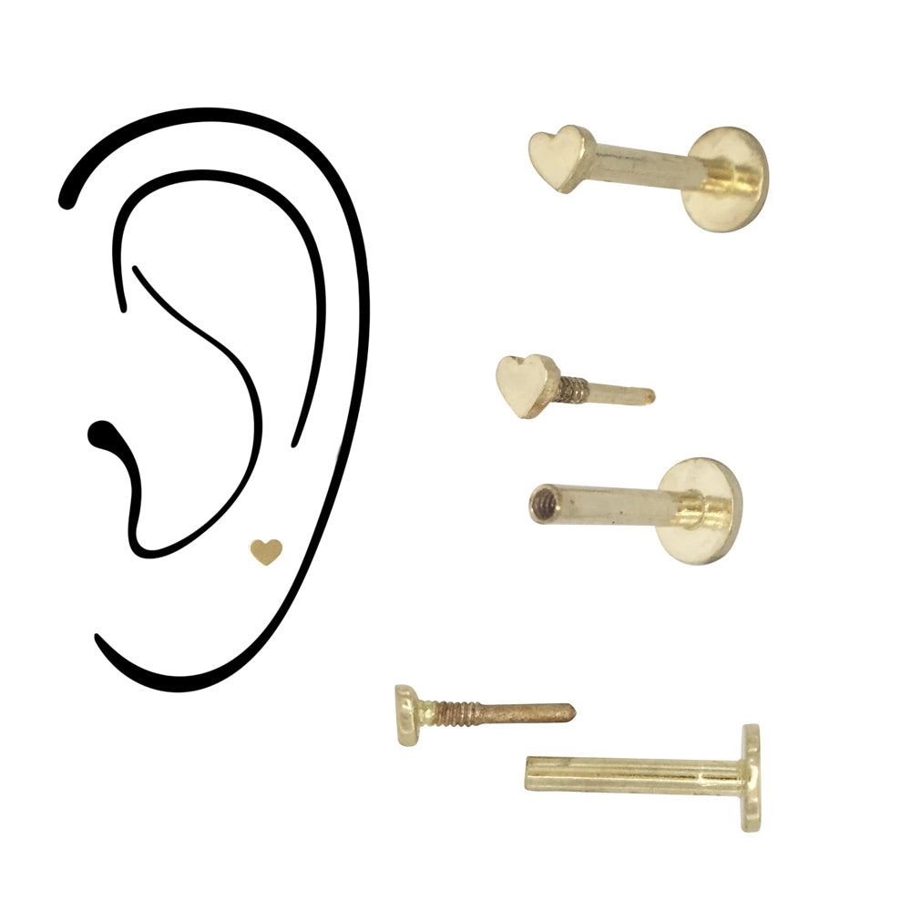 WORK IT OUT 14K GOLD YELLOW 2MM HEART INTERNALLY THREADED FLAT BACK DISC LABRET STUD PIERCING