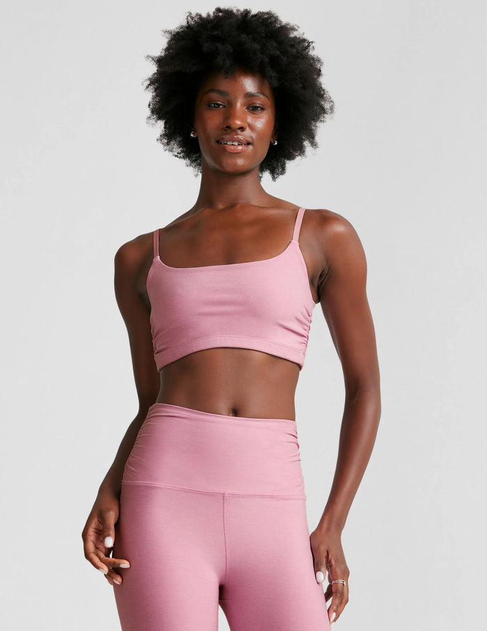BEYOND YOGA SPACEDYE RAISE THE BARRE SHIRRED BRA - PINK HAZE HEATHER SD8330