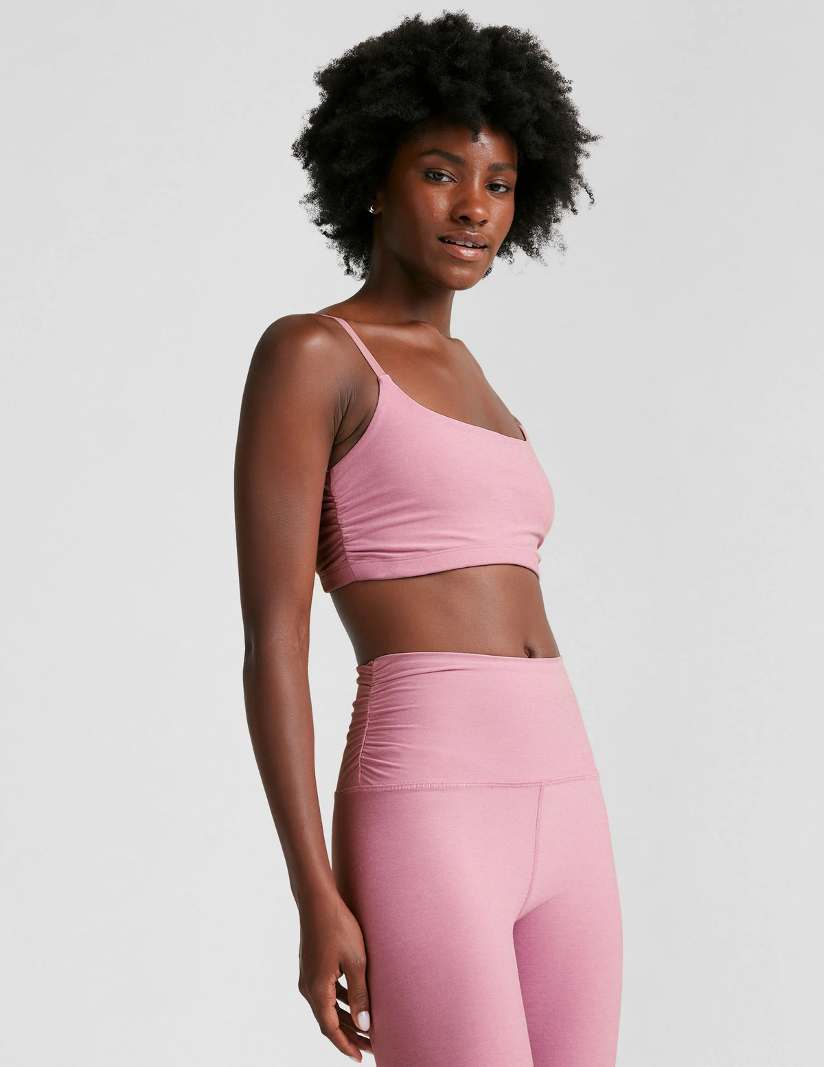 BEYOND YOGA SPACEDYE RAISE THE BARRE SHIRRED BRA - PINK HAZE HEATHER SD8330