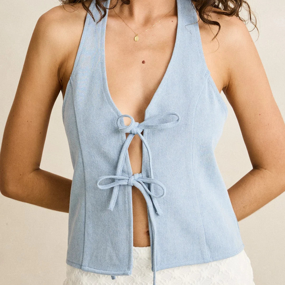 RHYTHM LOUSIE TIE HALTER TOP - LIGHT BLUE