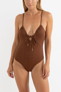 RHYTHM SUNSET TIE FRONT ONE PIECE - CHOCOLATE