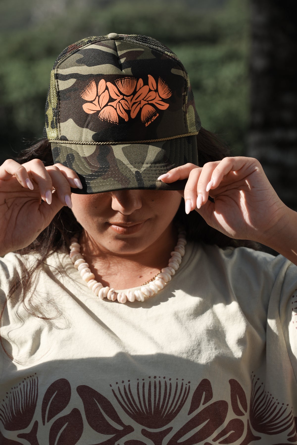 LEI CLUB LEHUA LEI TRUCKER HAT - ORANGE ON FULL CAMO