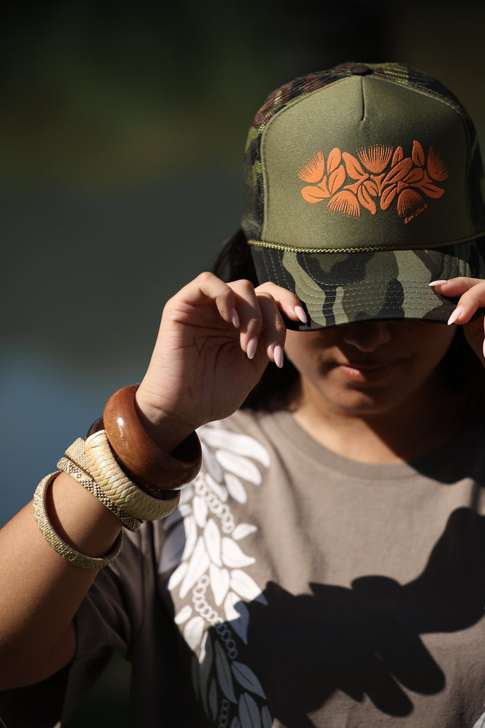 LEI CLUB LEHUA LEI TRUCKER HAT - ORANGE ON GREEN AND CAMO