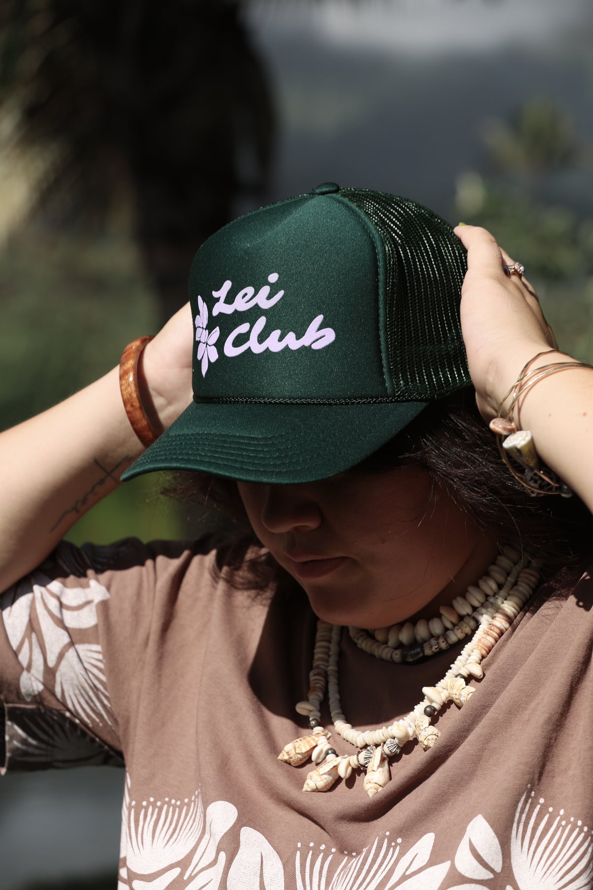 LEI CLUB LOGO TRUCKER HAT - PURPLE ON GREEN