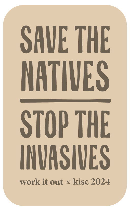 WORK IT OUT X KISC SAVE THE NATIVES STOP THE INVASIVES STICKER - BROWN ON TAN