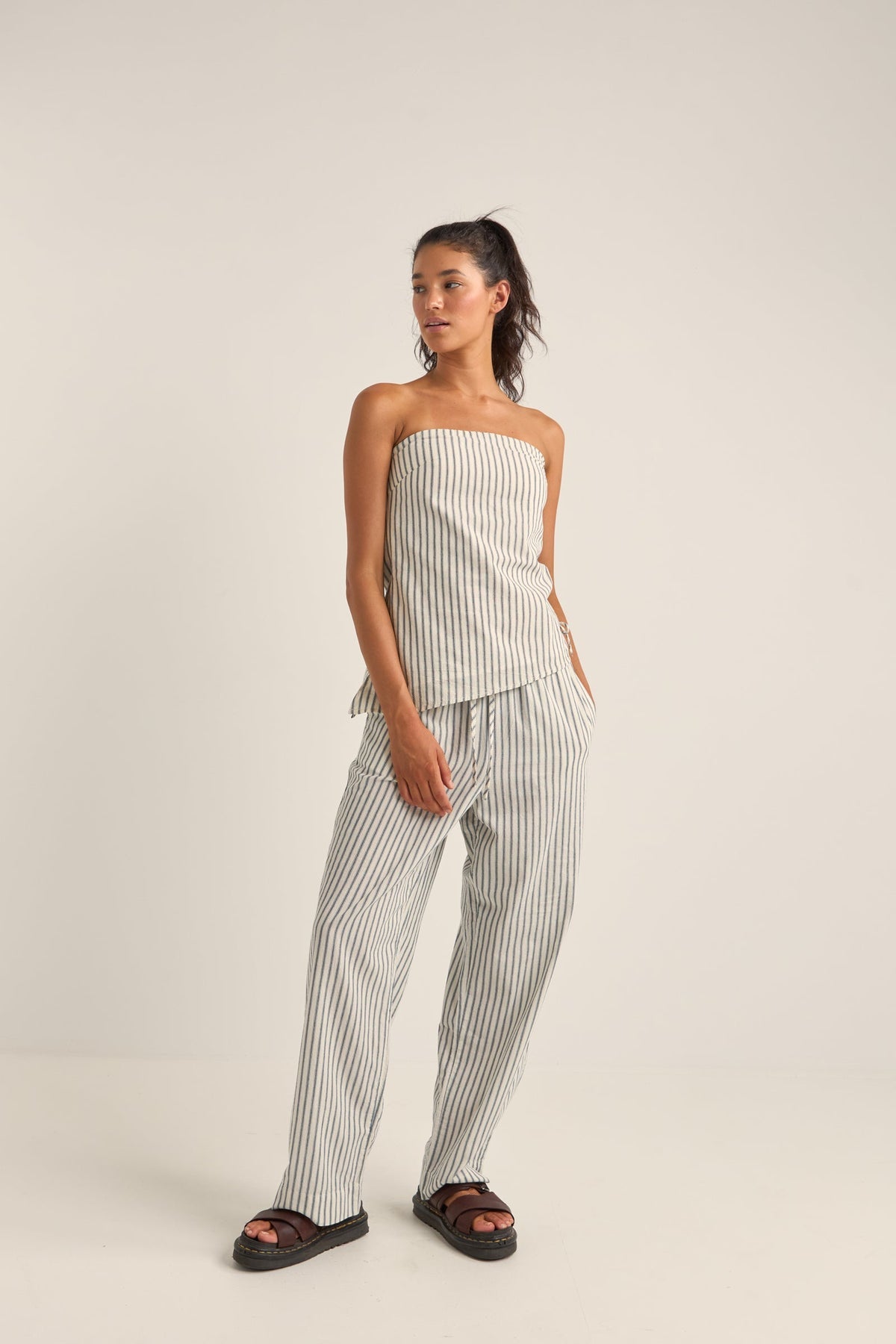 パンツ baggy stripe slacks navy normcore Mens Casual Baggy Pants Elastic Waist Loose Soft Trousers