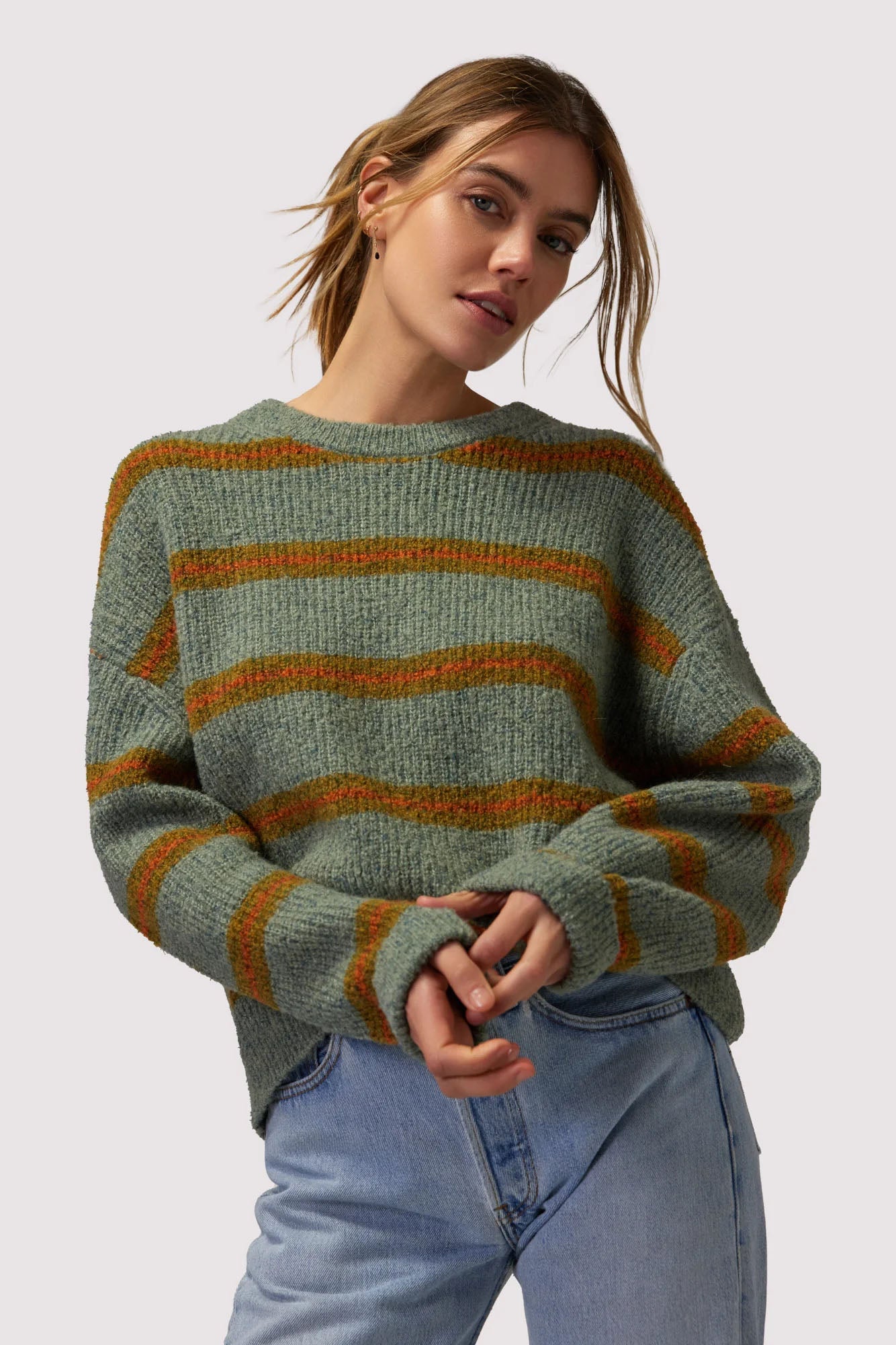 SPIRITUAL GANGSTER STRIPE BLAKE CREW NECK SWEATER MARL STRIPE