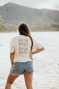 WORK IT OUT X KISC SAVE THE NATIVES STOP THE INVASIVES CROP TSHIRT - BUTTER