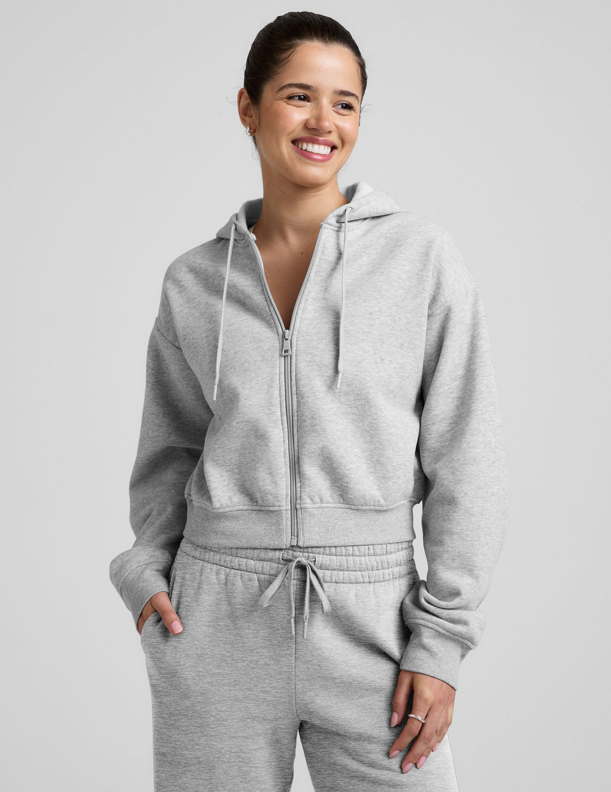 BEYOND YOGA LUXE FLEECE ZIP UP HOODIE - LIGHT HEATHER GRAY 2258