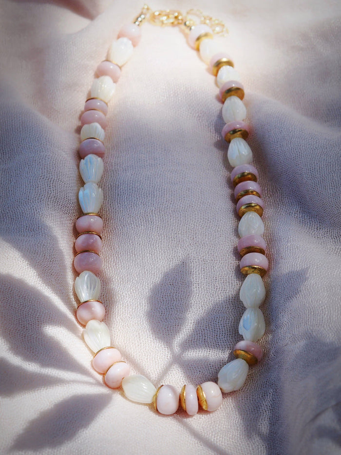 KE ALOHA JEWELRY PINK OPAL AND PIKAKE NECKLACE 18-22"  - AONANI