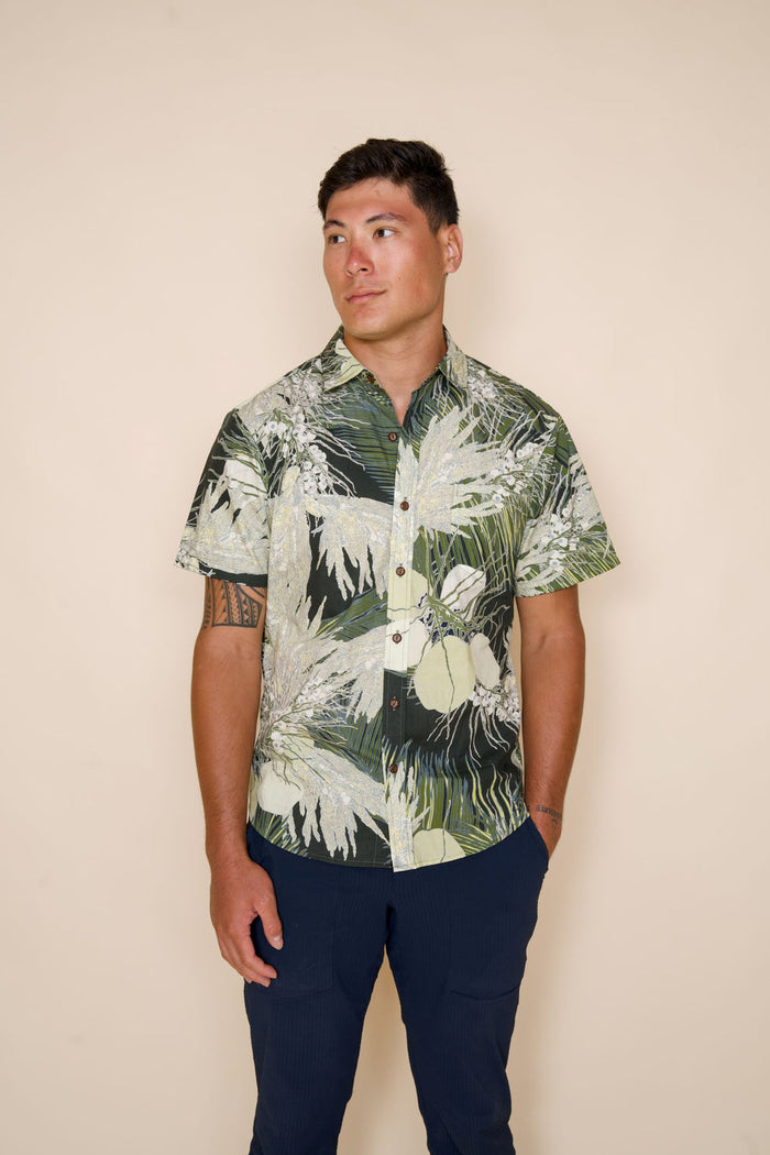 DAVID SHEPARD HAWAII COCONUT FLOWER, FRUIT AND FRONDS ALOHA SHIRT