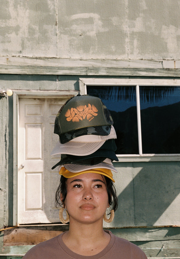 LEI CLUB LEHUA LEI TRUCKER HAT - ORANGE ON GREEN AND CAMO