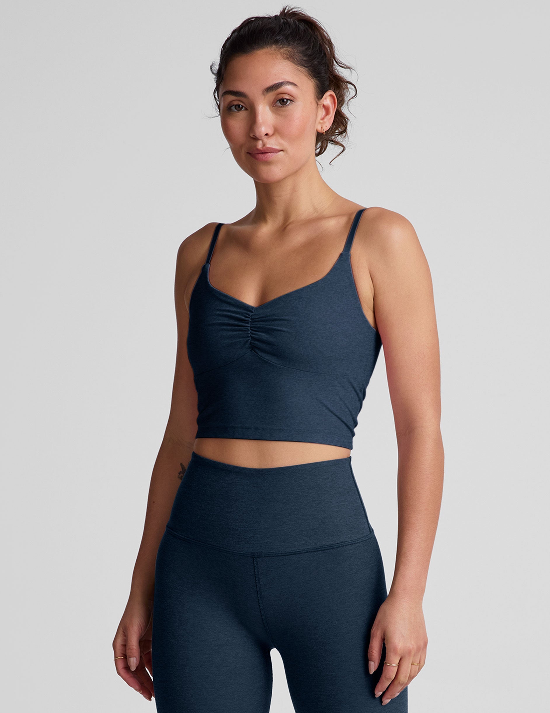 BEYOND YOGA SPACEDYE RAISE THE BARRE SHIRRED CROPPED TANK