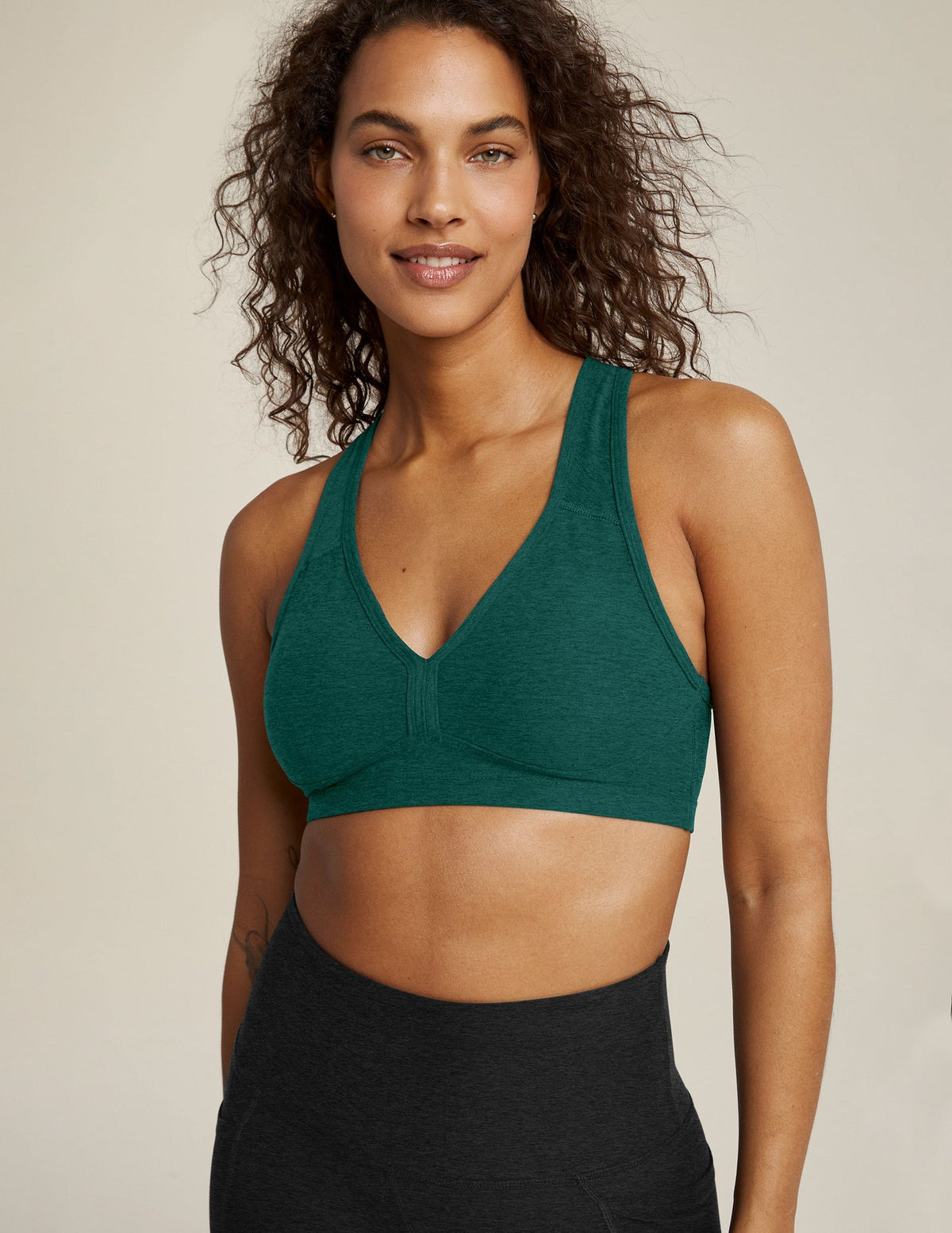 BEYOND YOGA SPACEDYE LIFT YOUR SPIRITS BRA - LUNAR TEAL HEATHER SD8002