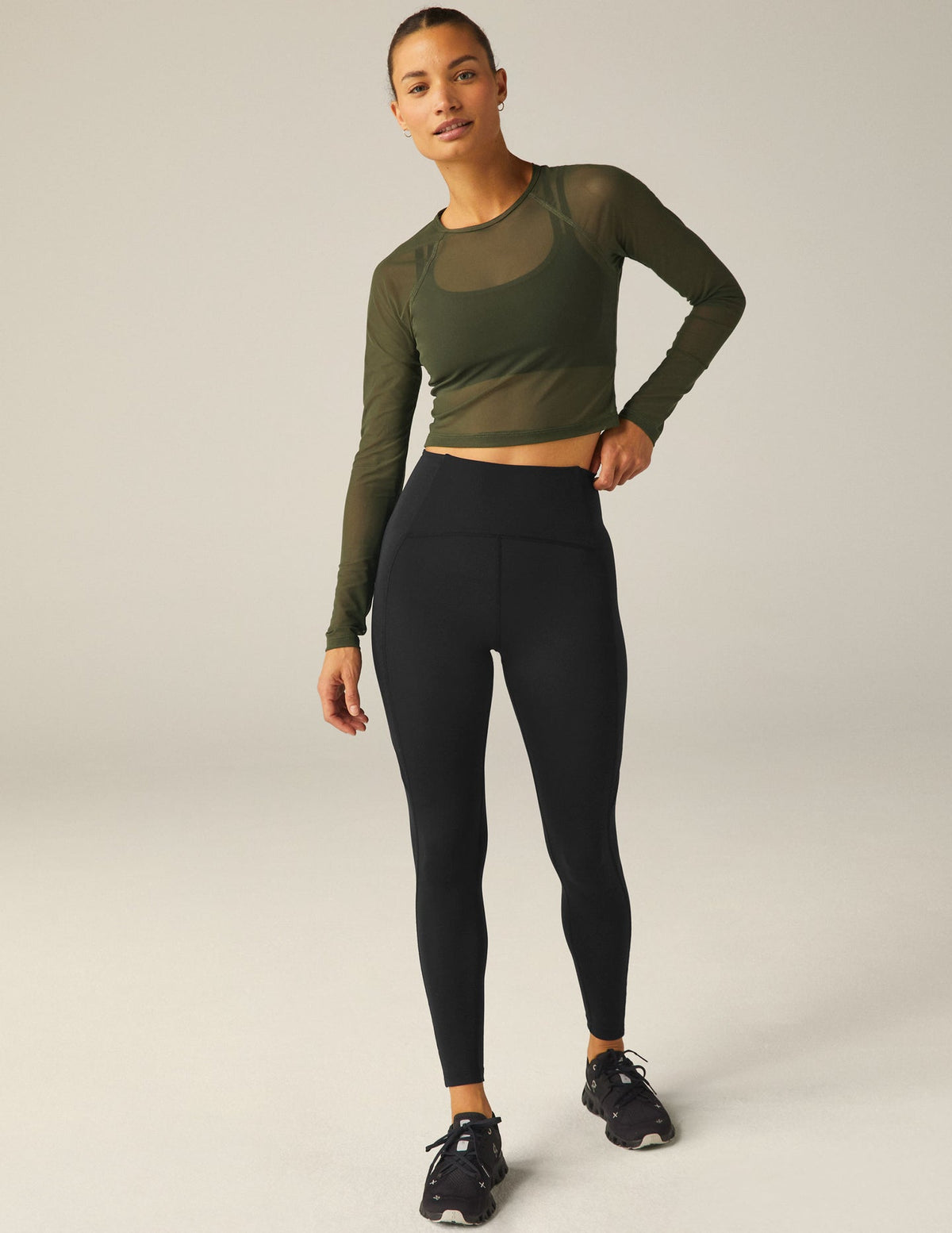 BEYOND YOGA SHOW OFF MESH LONG SLEEVE CROPPED TOP - MODERN OLIVE 7910