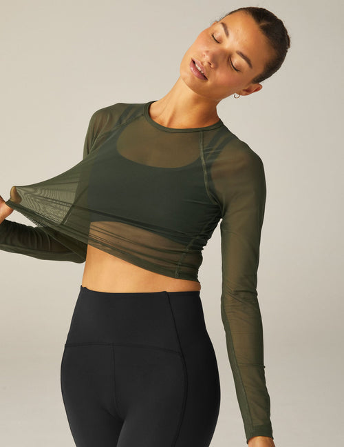BEYOND YOGA SHOW OFF MESH LONG SLEEVE CROPPED TOP - MODERN OLIVE 7910