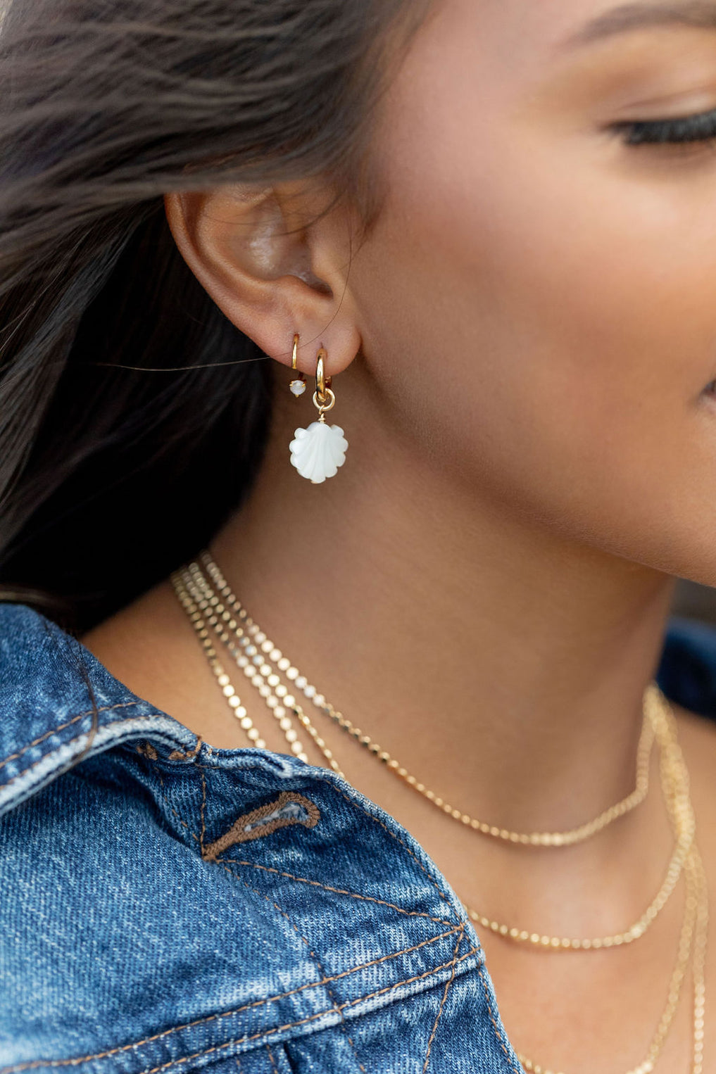 KE ALOHA JEWELRY GOLD MOTHER OF PEARL SHELL CHARM HOOP EARRINGS - LANIKAI