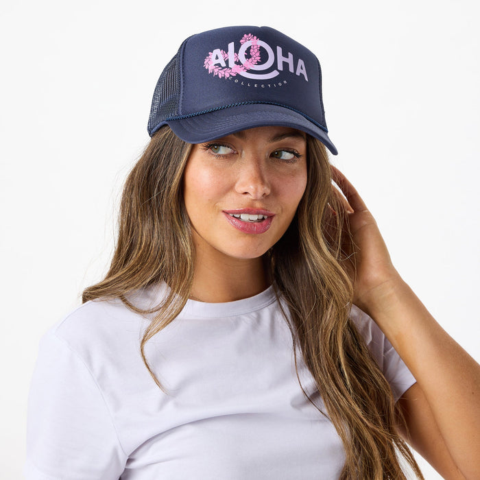 ALOHA COLLECTION TRUCKER HAT / LEI ALOHA  / LILAC/NAVY