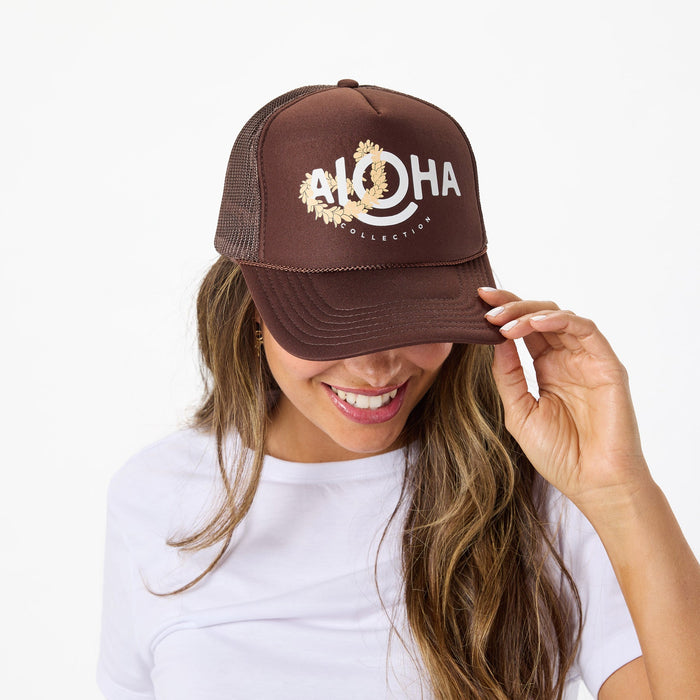 ALOHA COLLECTION TRUCKER HAT / LEI ALOHA  / SANDSTONE/COCONUT