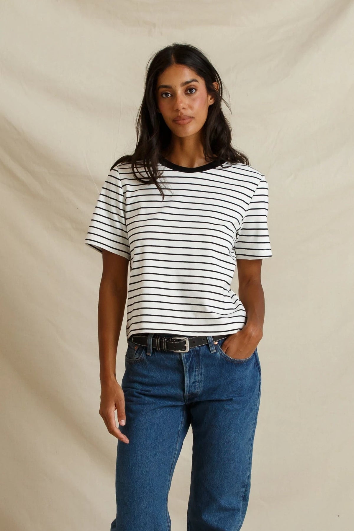 PERFECT WHITE TEE ATLAS STRIPE CREWNECK TEE - WHITE BLACK T395