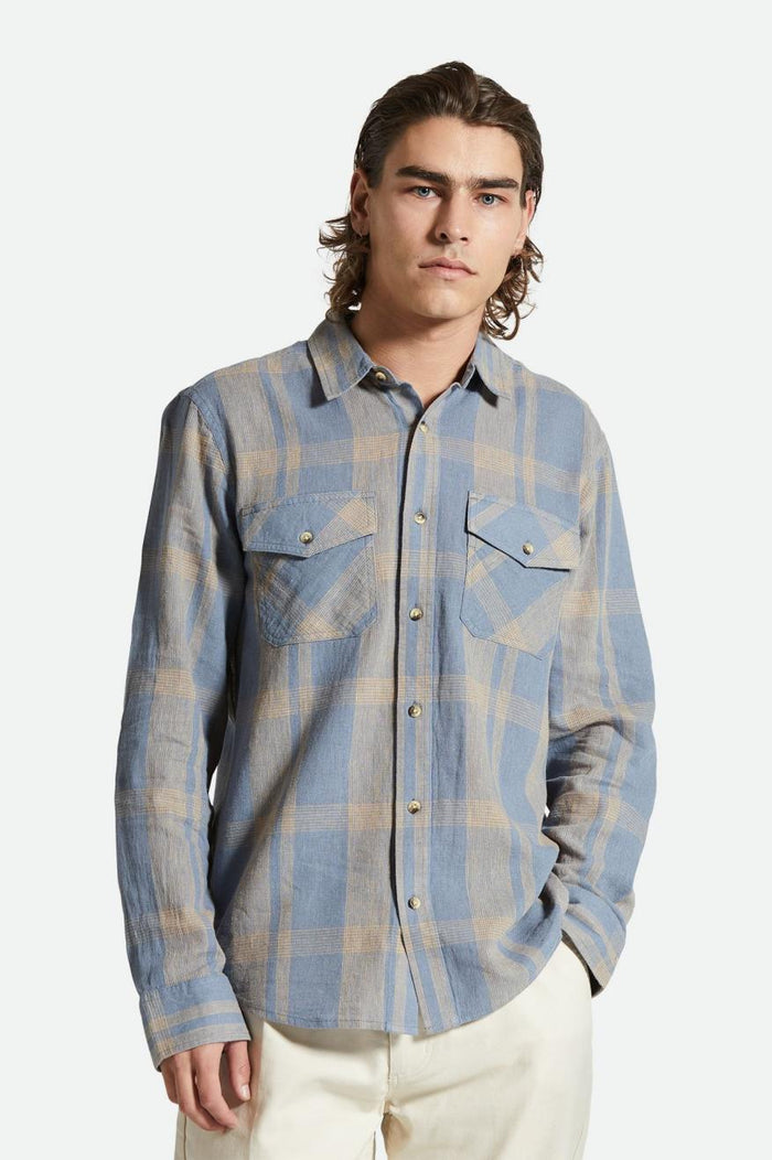 BRIXTON MEMPHIS LINEN BLEND L/S SHIRT - FLINT STONE BLUE/SAND