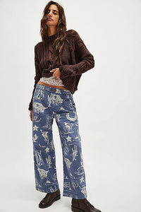 FREE PEOPLE SEASIDE PULL-ON PANTS - INDIGO COMBO/RODEO TIME 9582