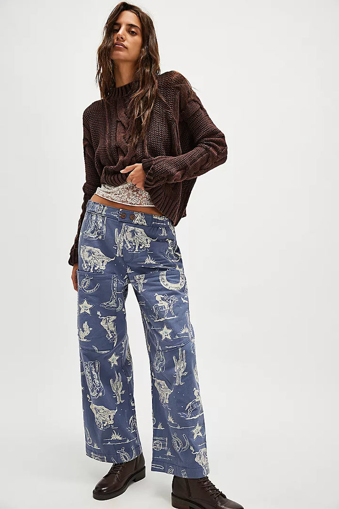 FREE PEOPLE SEASIDE PULL-ON PANTS - INDIGO COMBO/RODEO TIME 9582