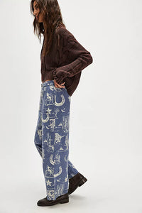 FREE PEOPLE SEASIDE PULL-ON PANTS - INDIGO COMBO/RODEO TIME 9582