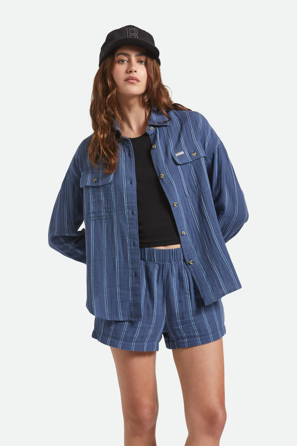 BRIXTON WANDERING LONG SLEEVE OVERSHIRT - BERRING SEA/WHITE