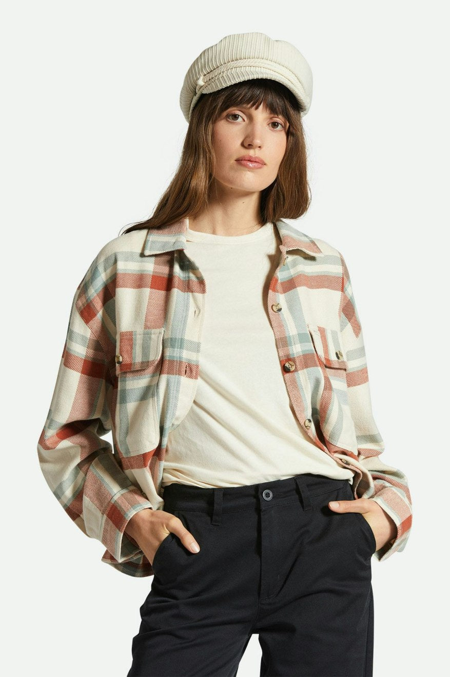 BRIXTON BOWERY WOMENS FLANNEL - WHITE SMOKE/TERRACOTTA