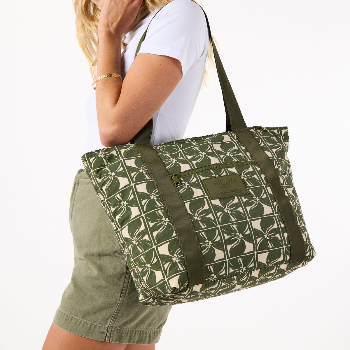 ALOHA COLLECTION NYLON ZIPPER TOTE / LATTICE / OLIVE