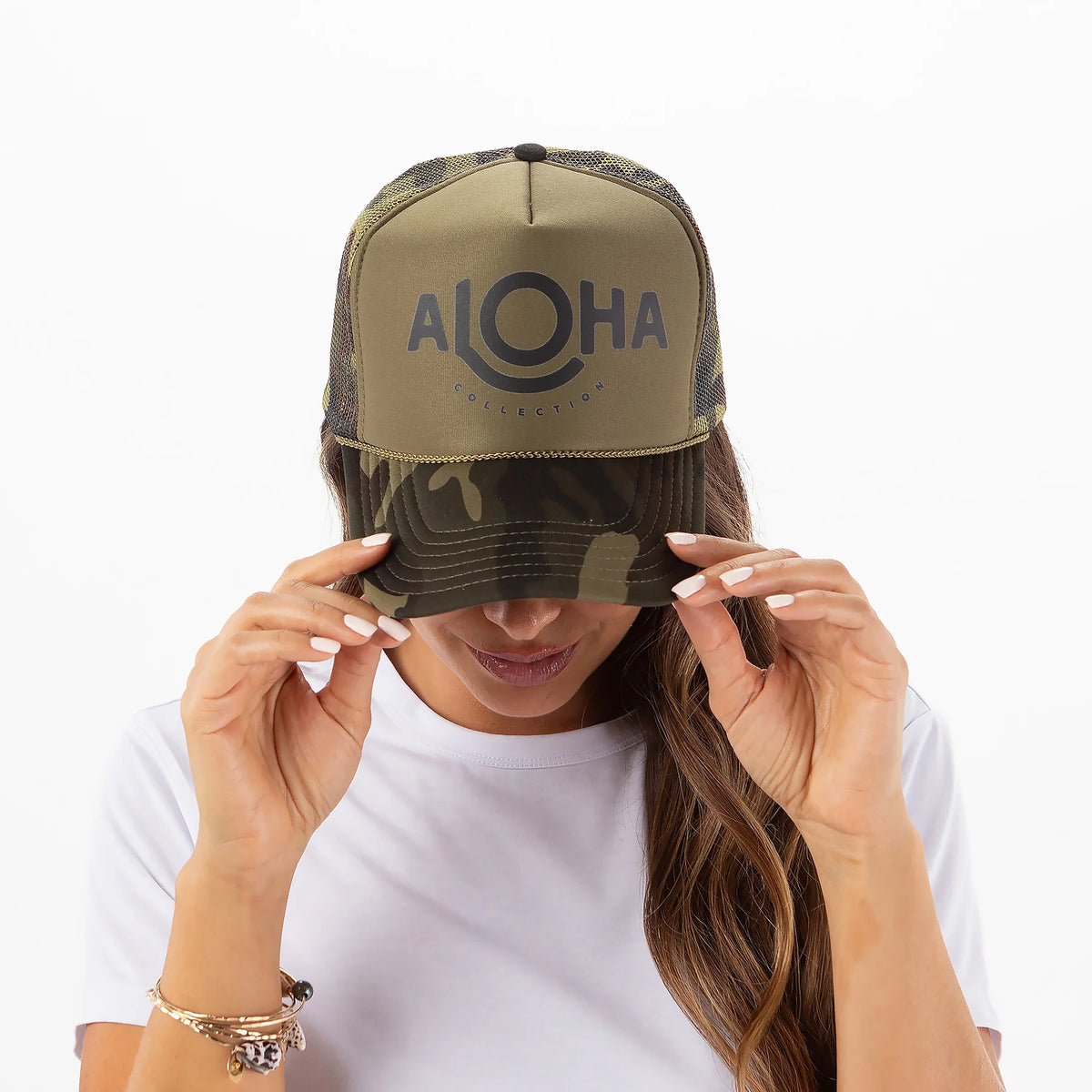 ALOHA COLLECTION TRUCKER HAT / BLACK/CAMO