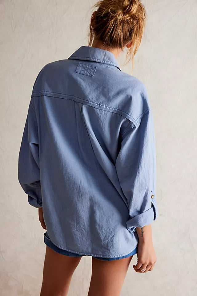 FREE PEOPLE WE ARE FREE MADE FOR SUN LINEN SHIRT  - FADED DENIM 4150