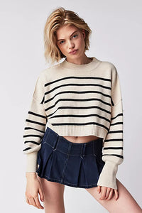 FREE PEOPLE EASY STREET STRIPE CROP PULLOVER - PEARL COMBO 6329