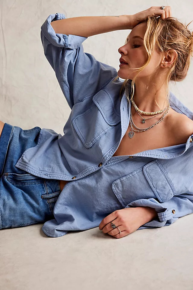 FREE PEOPLE WE ARE FREE MADE FOR SUN LINEN SHIRT  - FADED DENIM 4150
