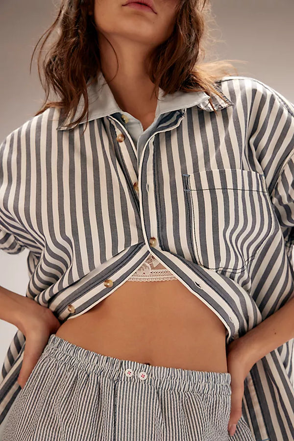 FREE PEOPLE WE THE FREE FREDDIE STRIPED SHIRT - NAUTICAL NAVY COMBO 4138