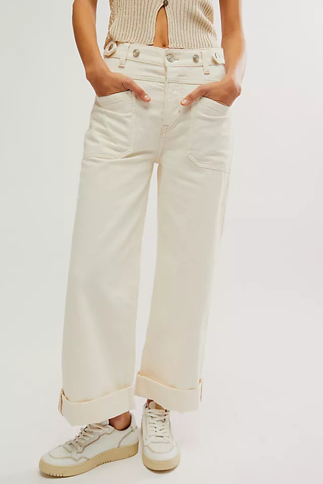 FREE PEOPLE WE THE FREE PALMER CUFFED JEANS - EGGSHELL 5845
