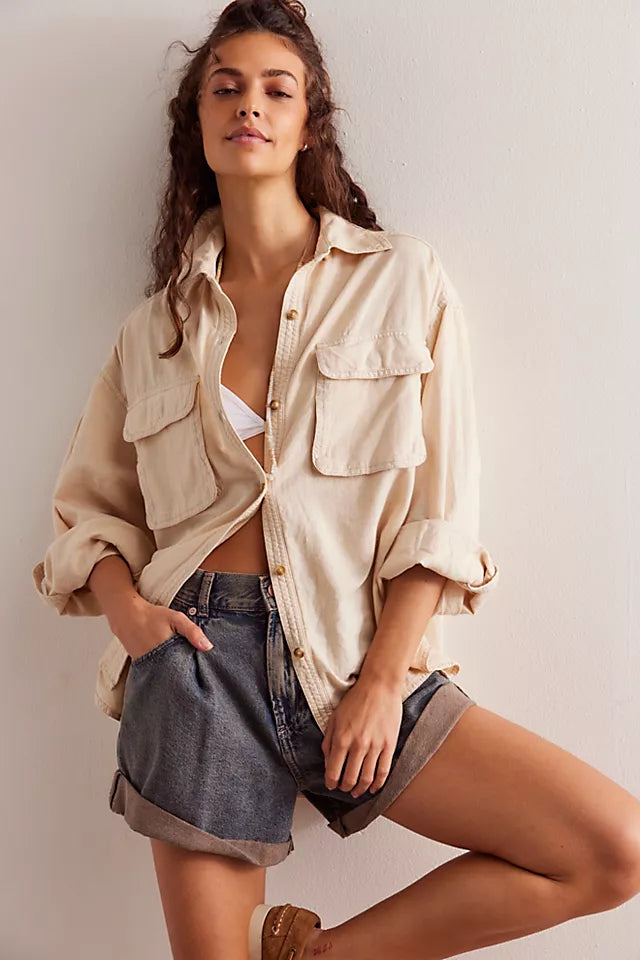 FREE PEOPLE WE ARE FREE MADE FOR SUN LINEN SHIRT  - WET PLASTER 4150