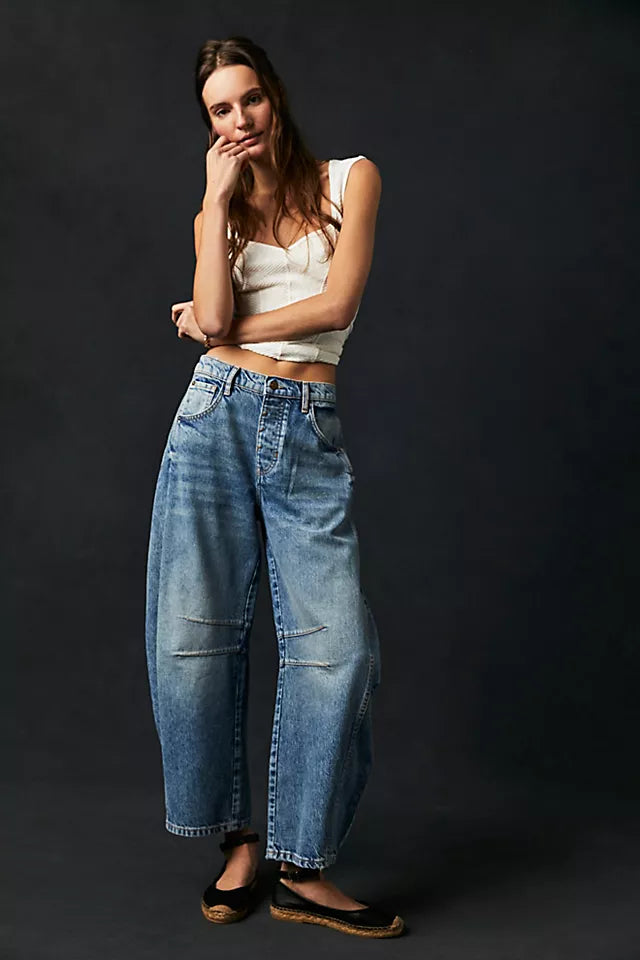 FREE PEOPLE WE THE FREE GOOD LUCK MID RISE BARREL JEAN - ULTRA BEAM LIGHT 7499