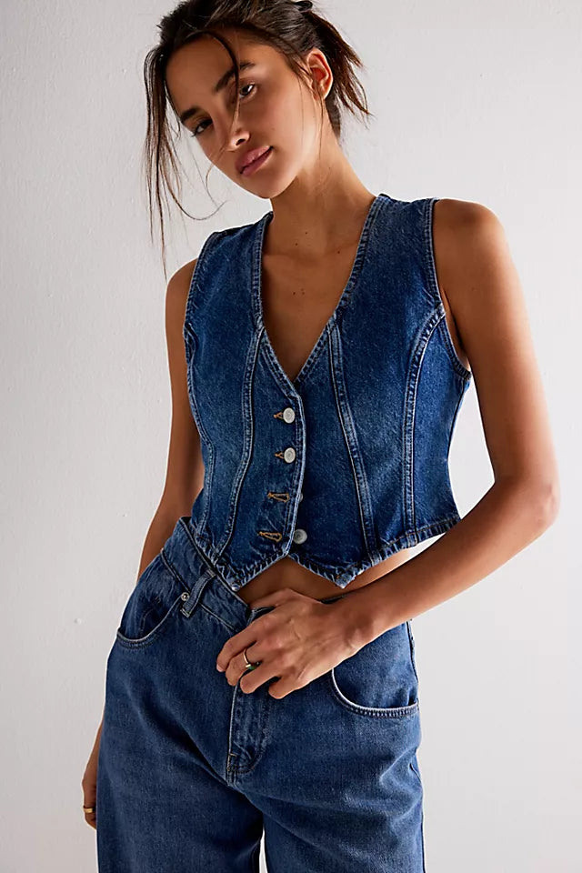 FREE PEOPLE WE ARE THE FREE TATE DENIM VEST - DARK INDIGO 7095