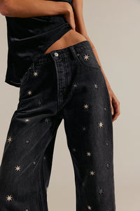 FREE PEOPLE DEEP TRANCE SHINE EMBROIDERED DROPPED BOYFRIEND JEANS - STARRY NIGHT 1397