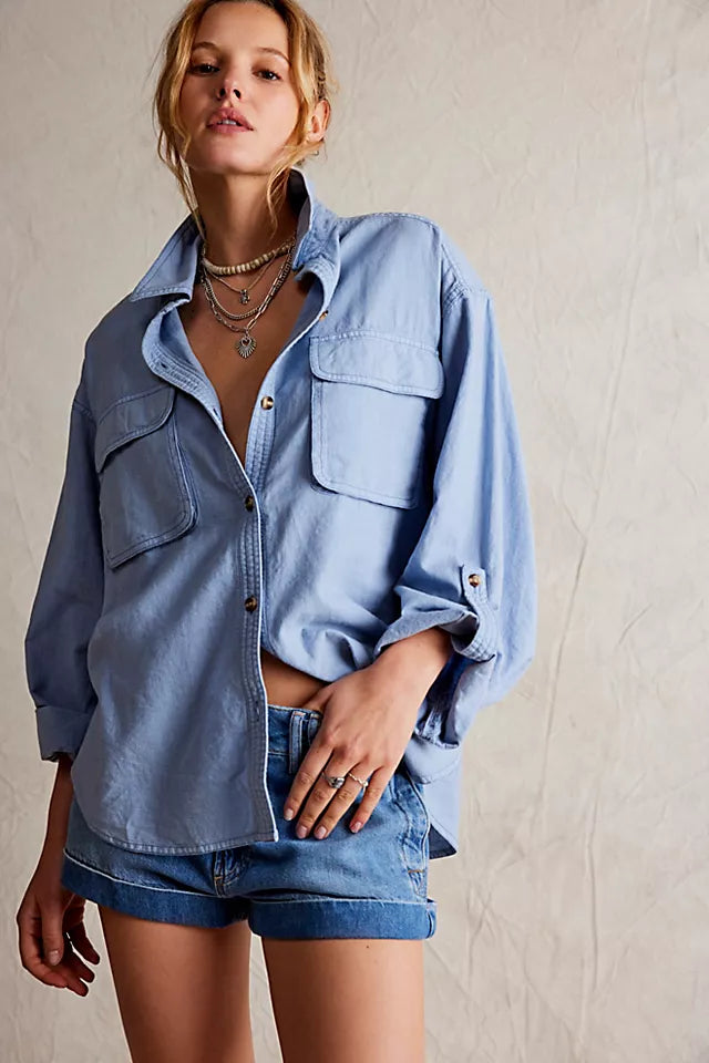 FREE PEOPLE WE ARE FREE MADE FOR SUN LINEN SHIRT  - FADED DENIM 4150