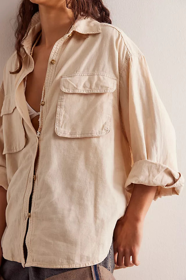 FREE PEOPLE WE ARE FREE MADE FOR SUN LINEN SHIRT  - WET PLASTER 4150