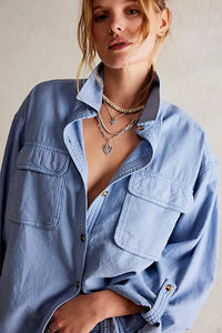 FREE PEOPLE WE ARE FREE MADE FOR SUN LINEN SHIRT  - FADED DENIM 4150