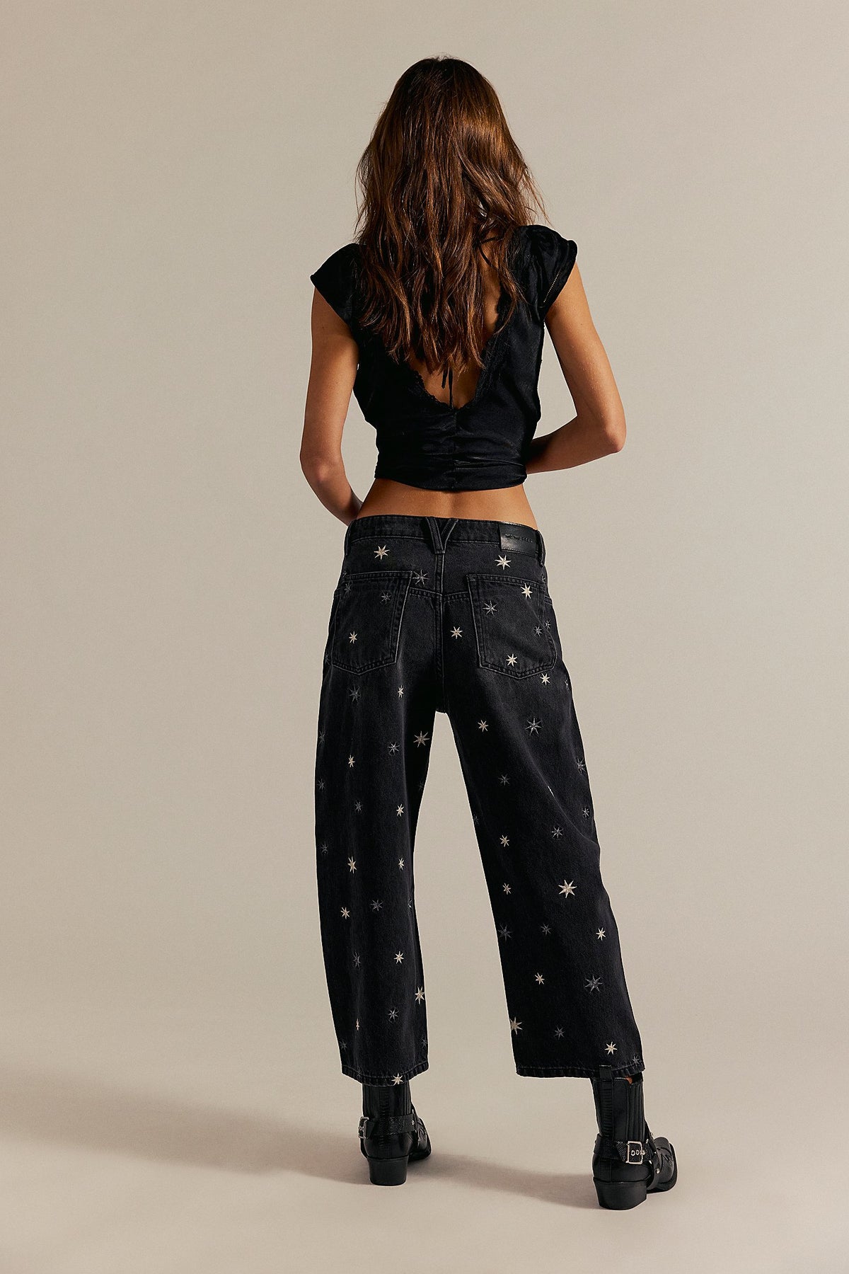 FREE PEOPLE DEEP TRANCE SHINE EMBROIDERED DROPPED BOYFRIEND JEANS - STARRY NIGHT 1397