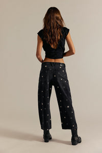 FREE PEOPLE DEEP TRANCE SHINE EMBROIDERED DROPPED BOYFRIEND JEANS - STARRY NIGHT 1397