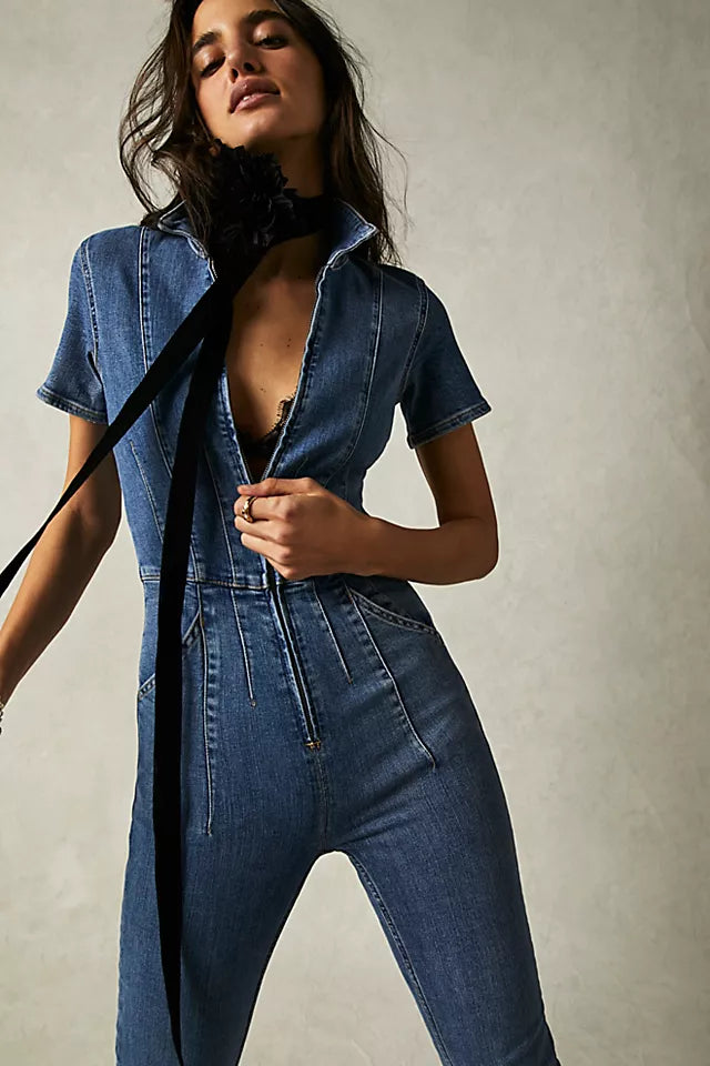 FREE PEOPLE WE TTHE FREE JAYDE FLARE JUMPSUIT - SUNBURST BLUE 7444