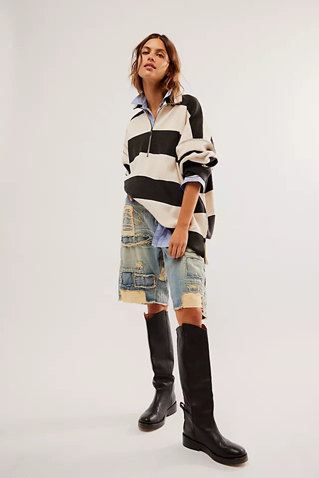 FREE PEOPLE COASTAL STRIPE PULLOVER - CARBON CHAMPAGNE 2000