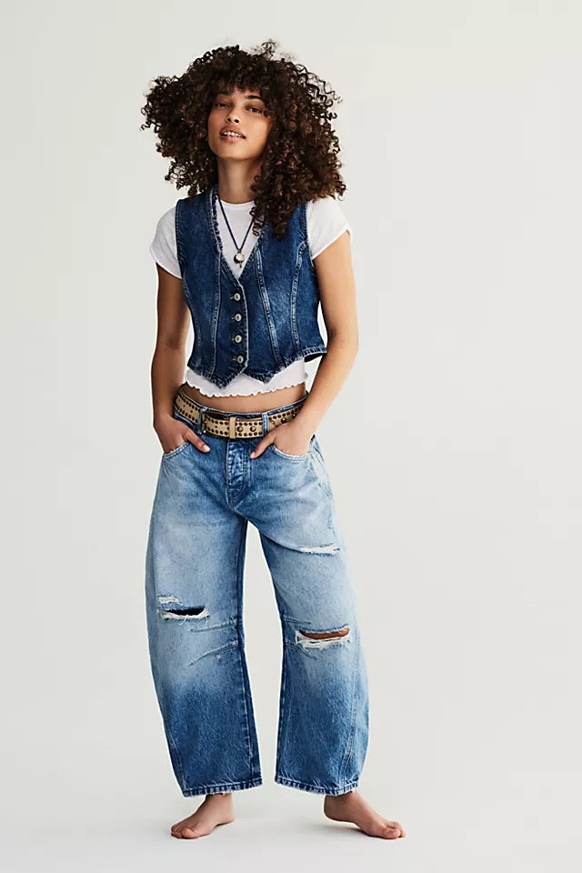 FREE PEOPLE WE THE FREE GOOD LUCK MID RISE BARREL JEAN - BARNYARD BLUE 7499